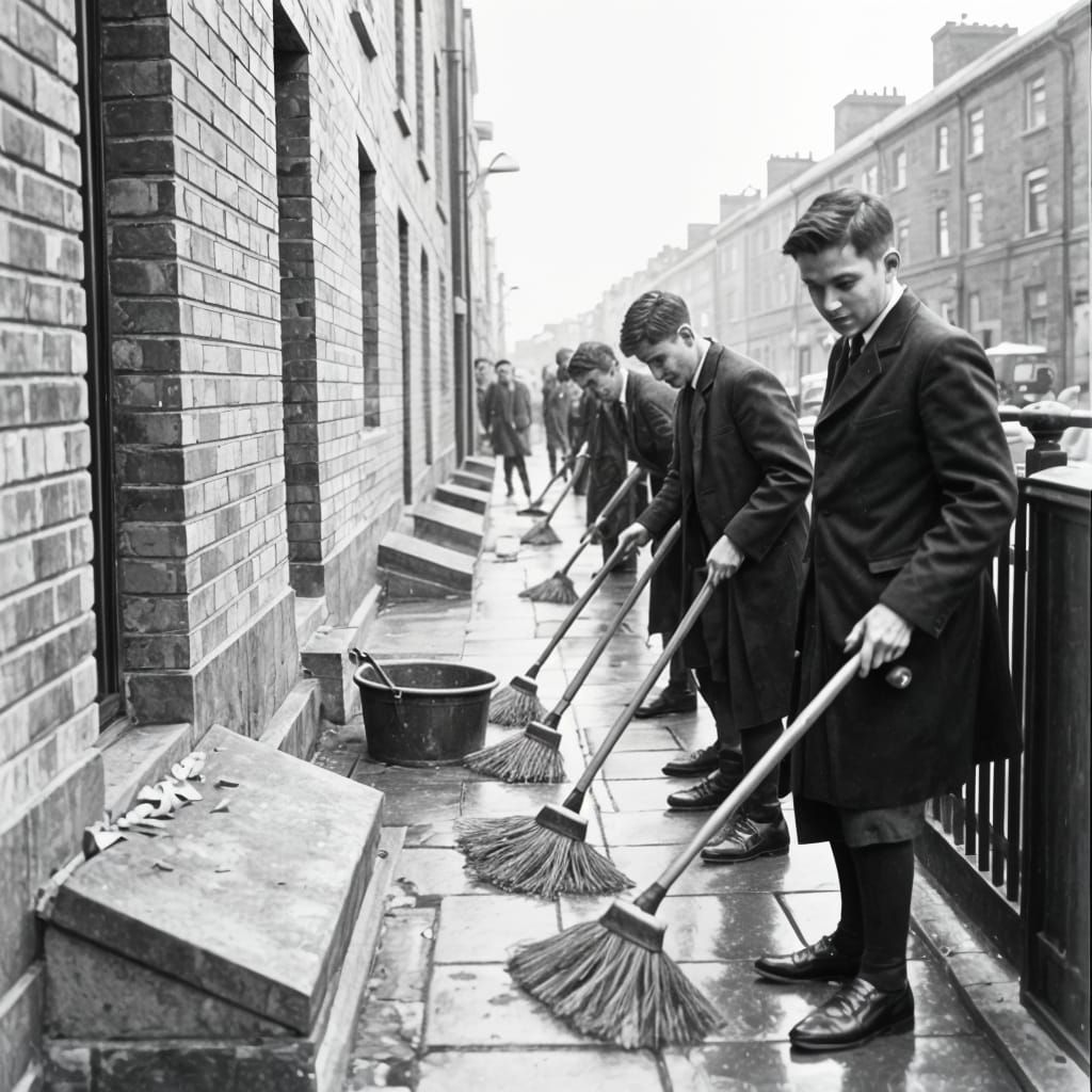1925. Liverpool lads brush and clean their doorsteps and pavements daily to attract single ladies looking for husbands