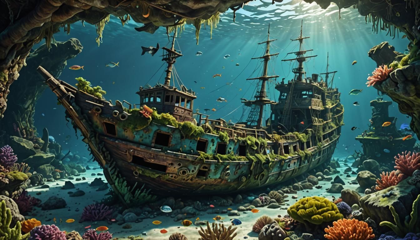 Sunken Pirate Ship in Coral Reef: Hyperrealistic 3D Renderin...