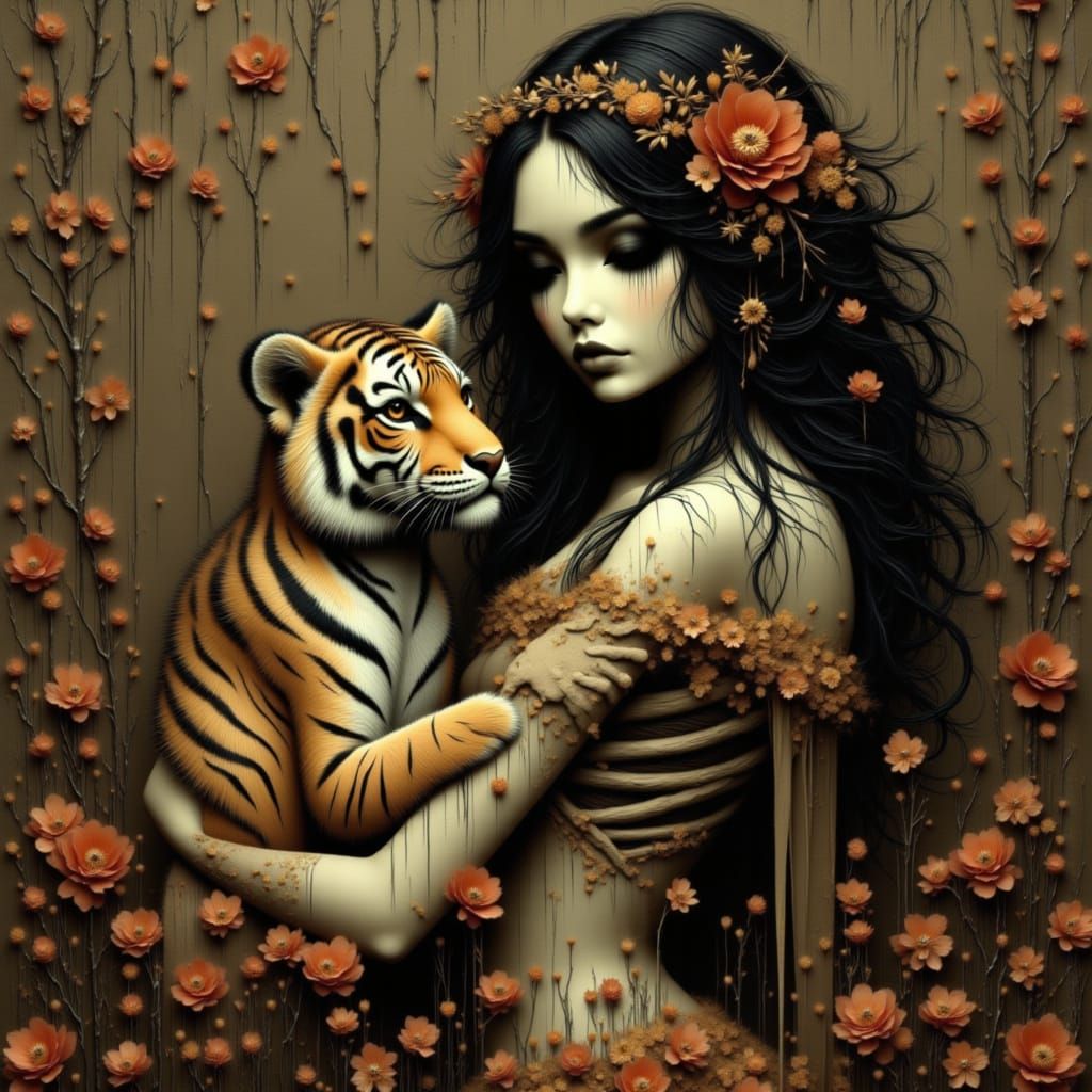 Indian Skeleton Woman with Tiger Cub