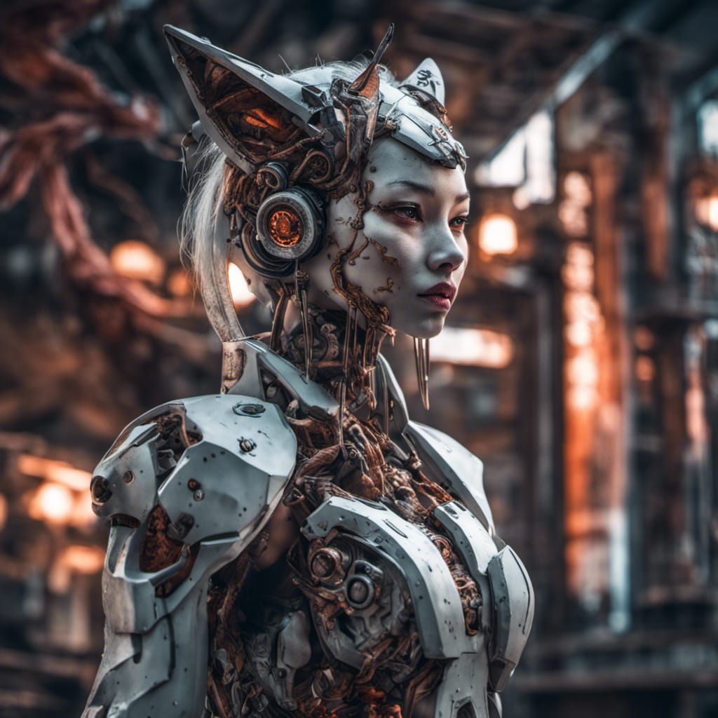 Hyperrealistic Haunted Kitsune Cyborg in HDR