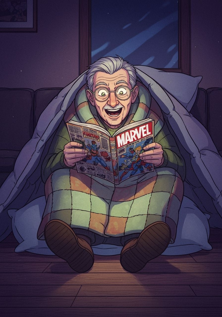 Elderly Man's Joyful Comic Book Adventure