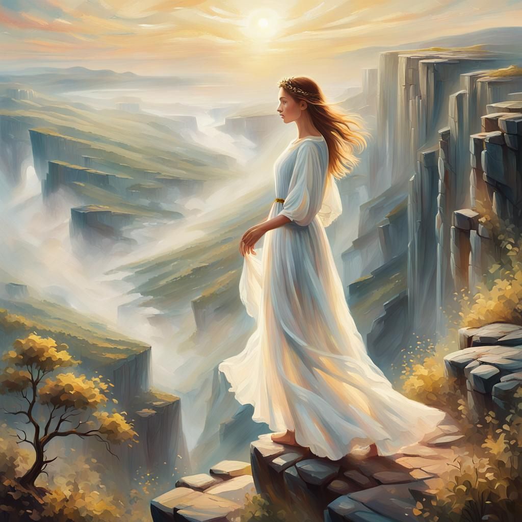 Dreamy Ethereal Landscape with Young Woman in White