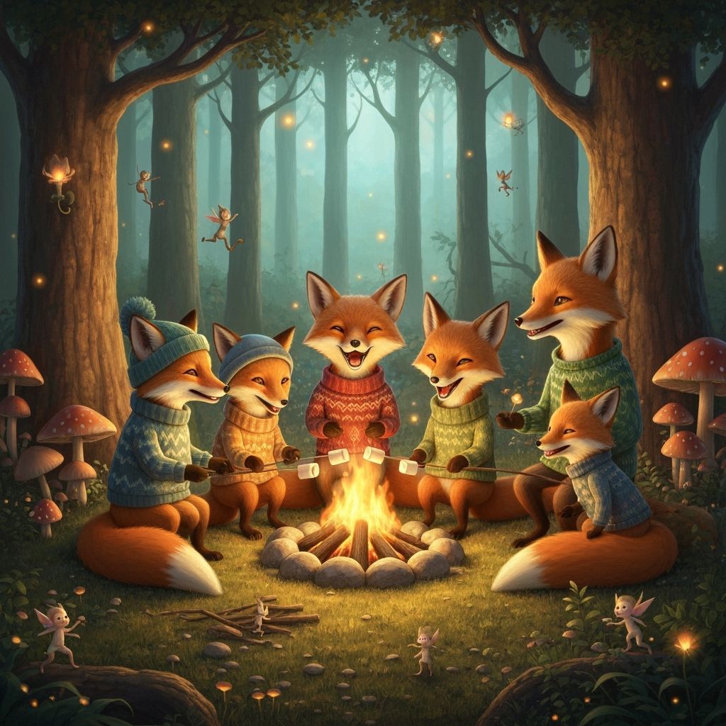 Fox Family Campfire in Enchanted Forest, Hyperrealistic Illu...