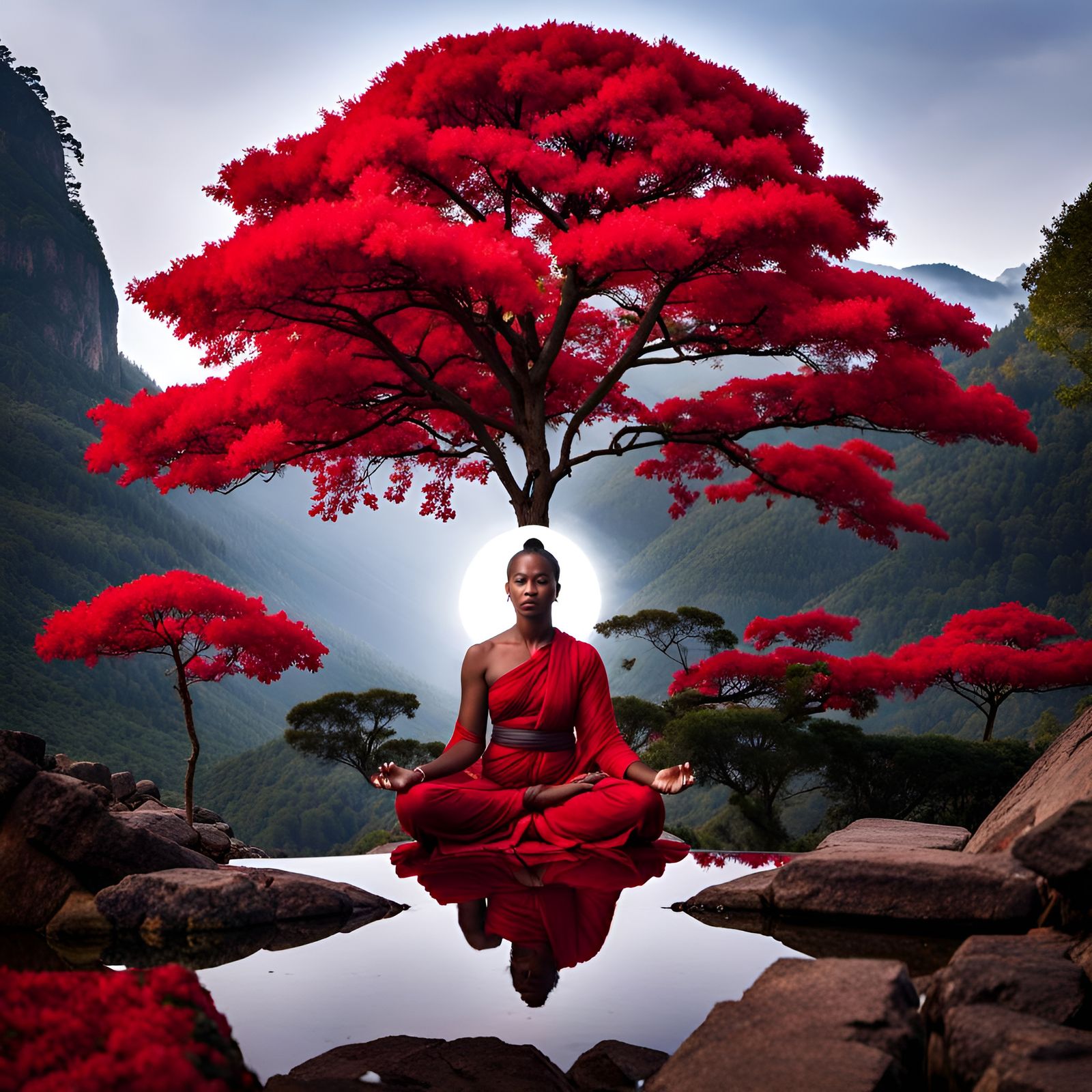 Meditating Woman in Red Robes Under a Tree
