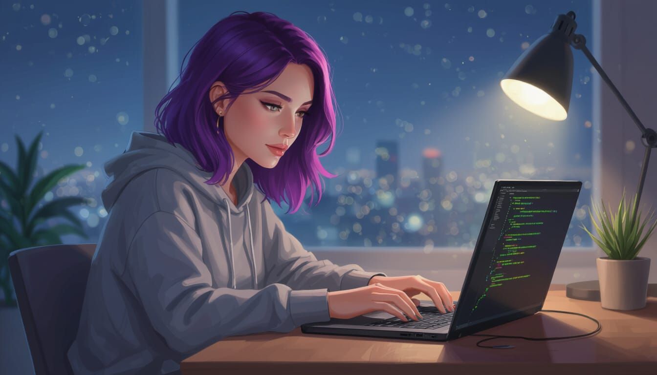 Woman Coding at Desk with Purple Hair in Digital Art Style
