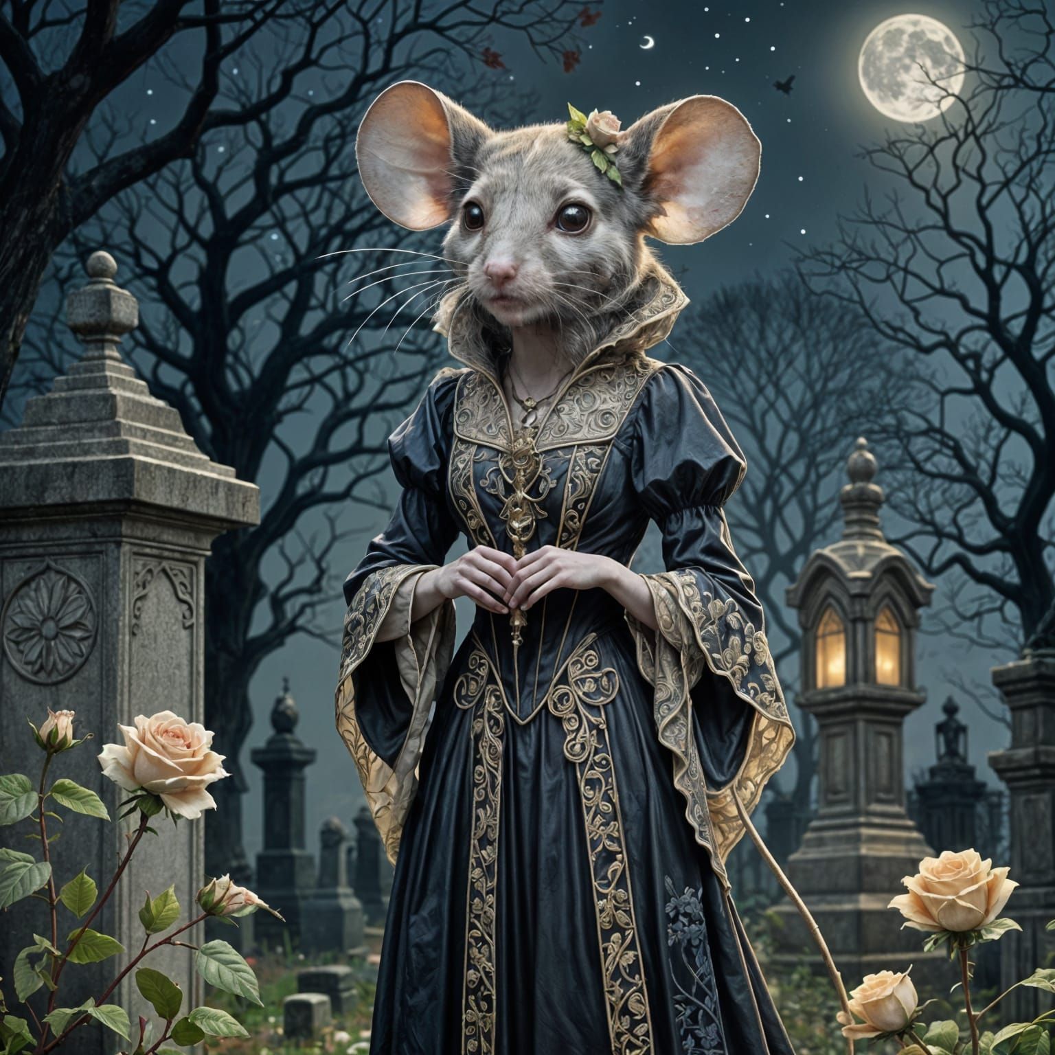 Art Nouveau Mouse in Victorian Dress in Moonlit Cemetery