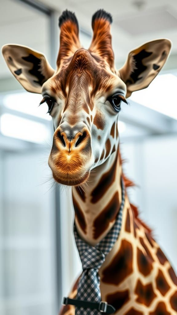 A Giraffe going to the Office wearing a tie