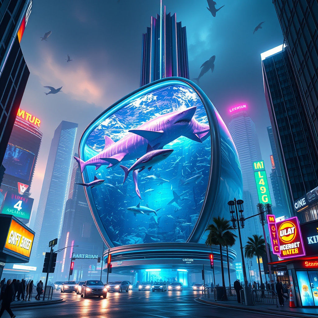 Futuristic Metropolis Aquarium with Sharks in Neon Cityscape