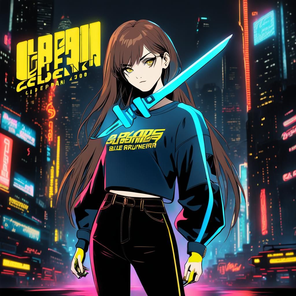 Cyberpunk Girl with Golden Eyes in Neon Cityscape