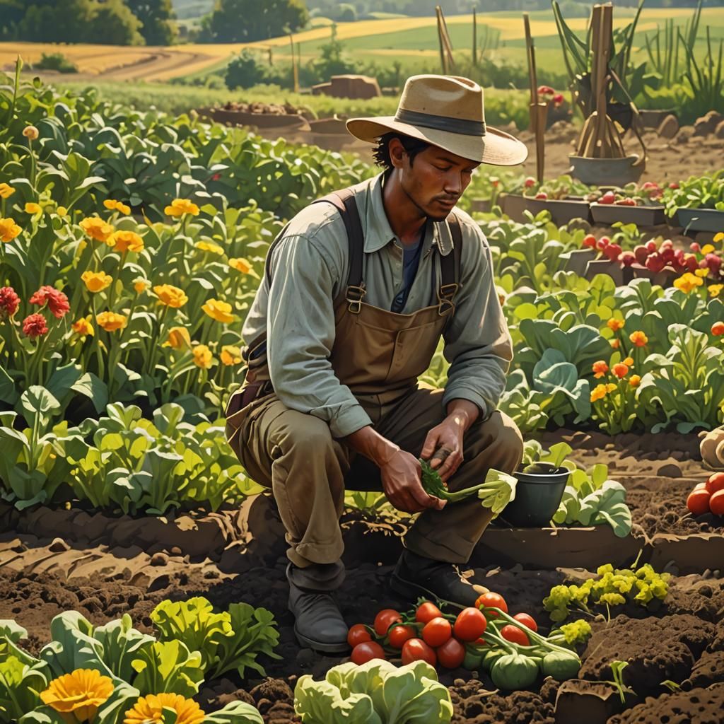 Worker Planting Vegetables in Field: Digital Matte Painting