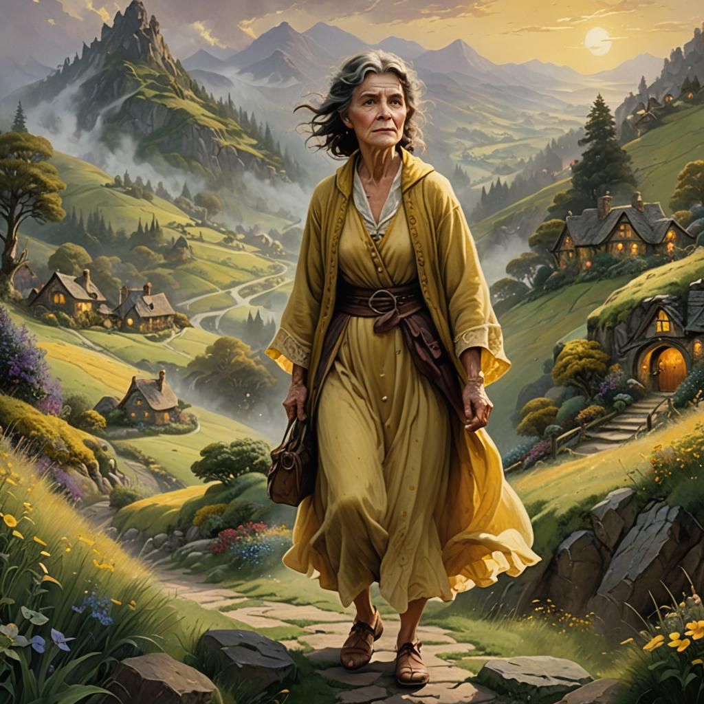 Old Hobbit Lady in Ethereal Fantasy Landscape