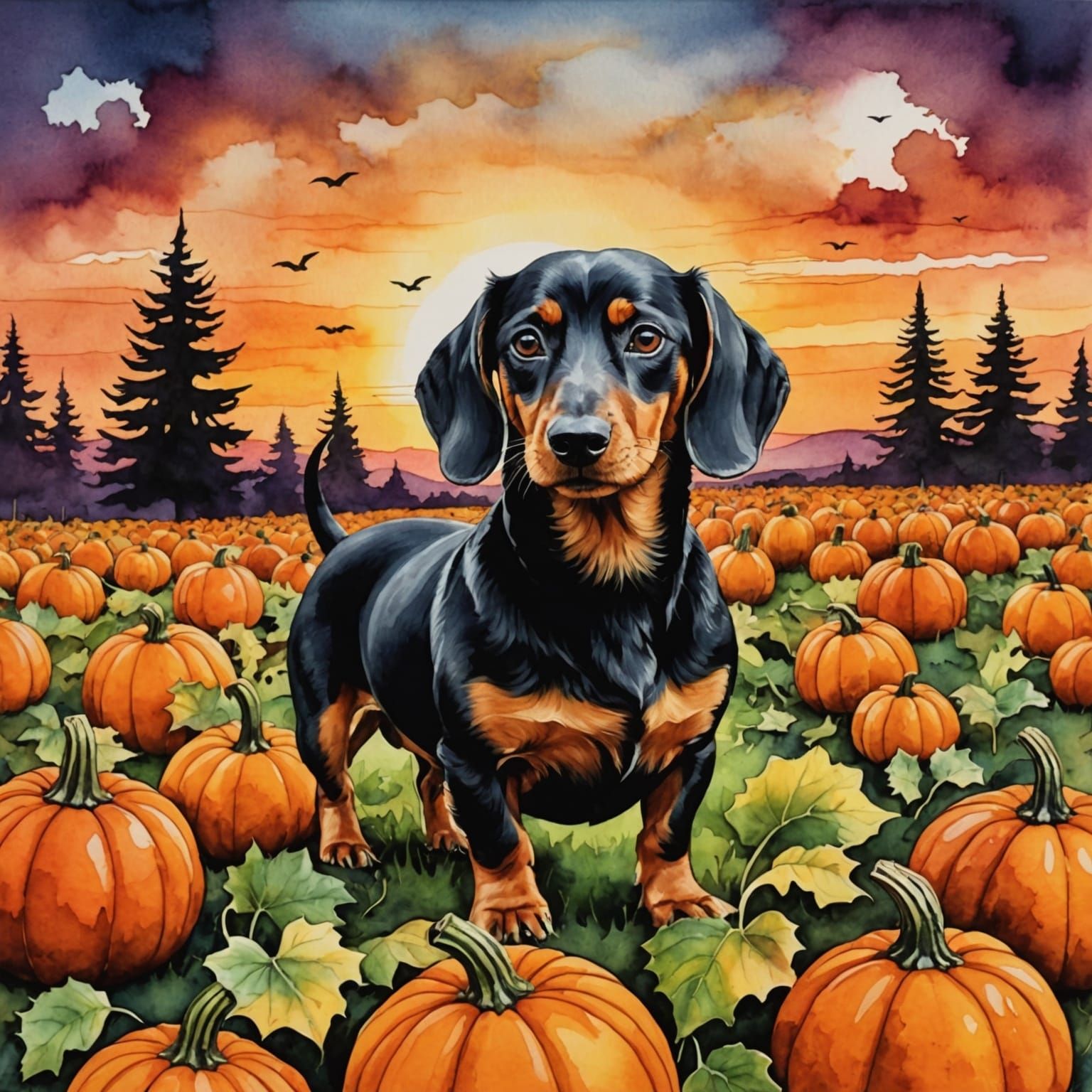Wiener Dog in Pumpkin Patch, Watercolour Style