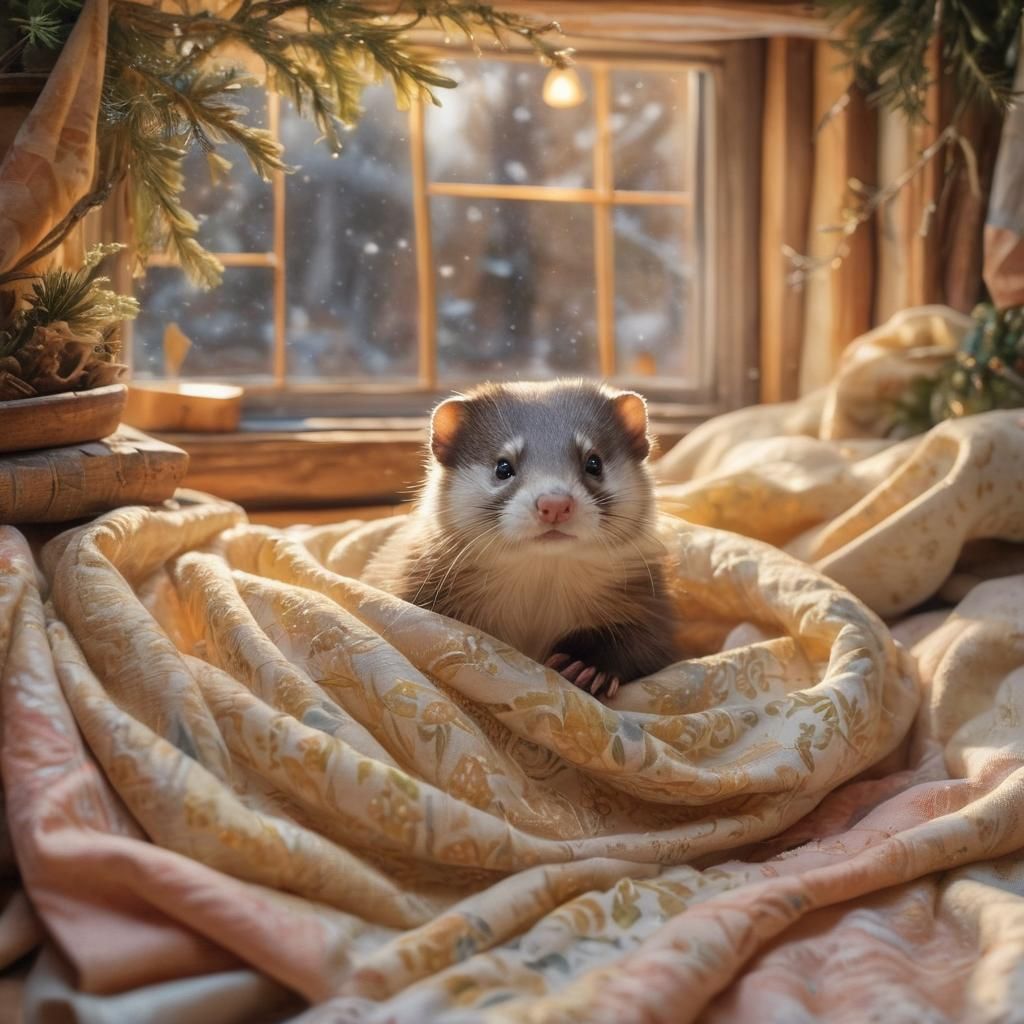 Cozy Ferret in Cabin: Whimsical Watercolor Illustration