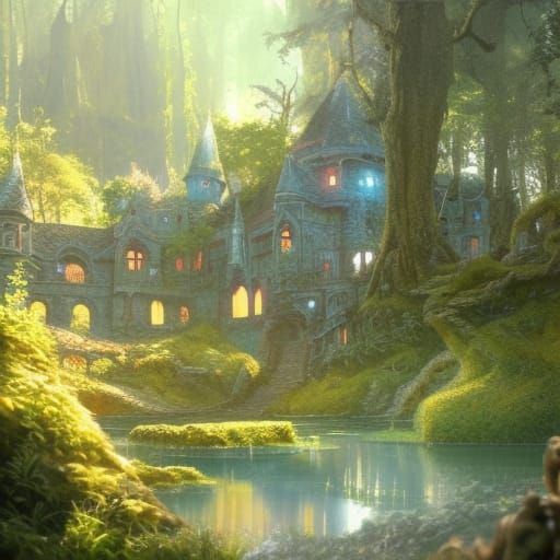 Lush Faerie Castle Forest in Spring Sunlight