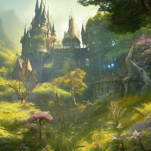 Faerie Castle in Spring Forest: Dark Fantasy Art
