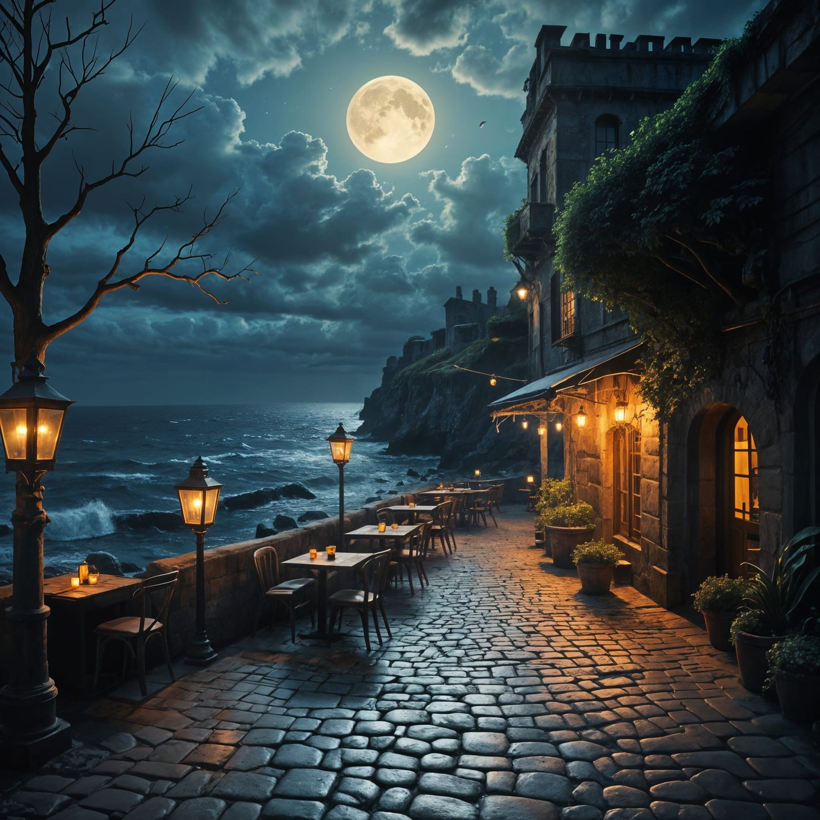 Moonlit Coastal Cafe in Impressionistic Oil Painting Style