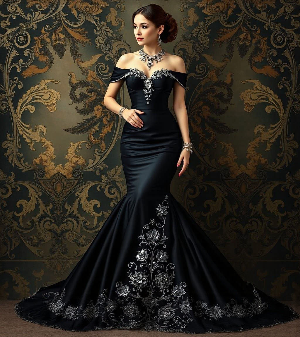 Elegant Black Satin Mermaid Ballgown with Silver Accents