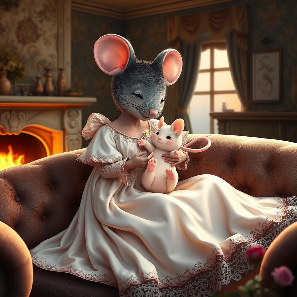 Surreal Whimsy: Motherly Love in a Cozy Storybook Realm