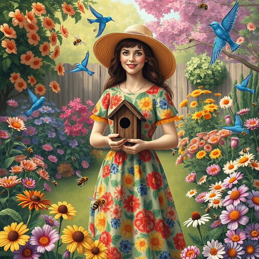 Whimsical Backyard Scene with Woman, Bees, and Birds