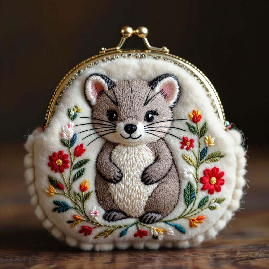 Embroidered Fur Coin Purse in Children's Illustration Style