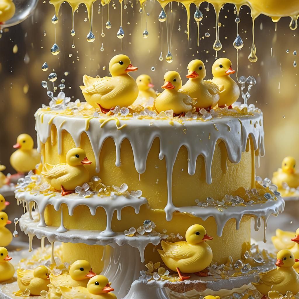 Yellow Ducks on Dripping Lemon Cake