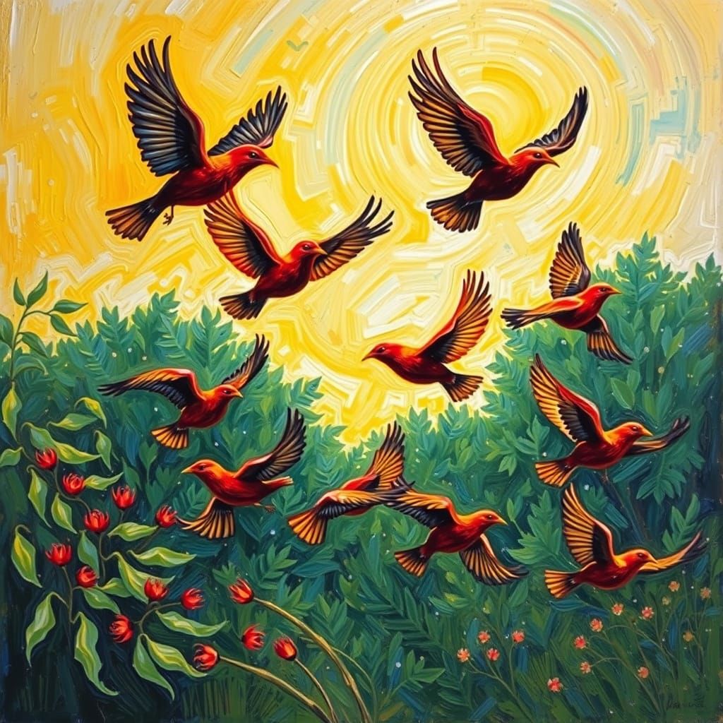 Vibrant Birds in Flight, Neo-Expressionist Oil Painting