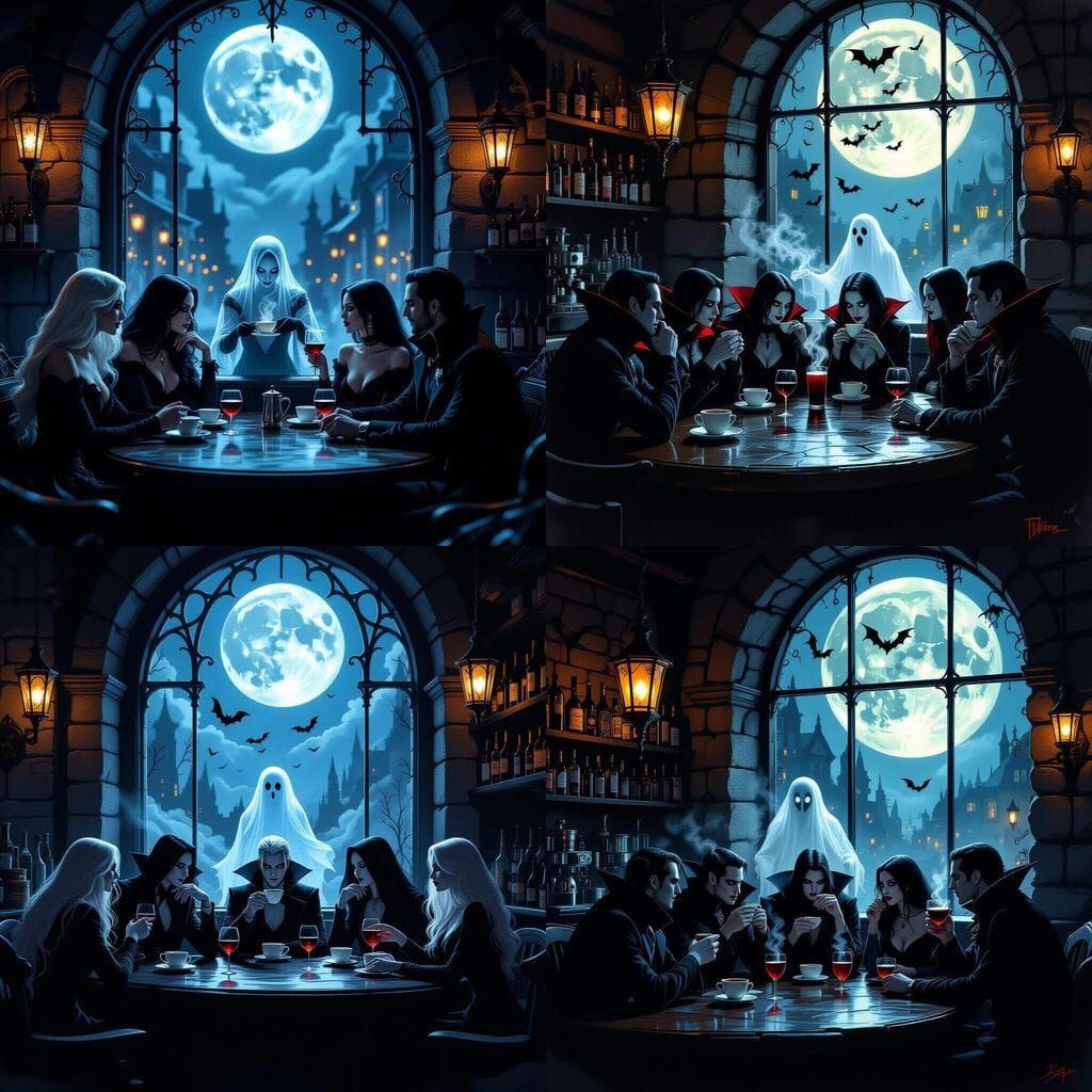 Vampires Enjoy Coffee in Spooky Moonlit Cafe