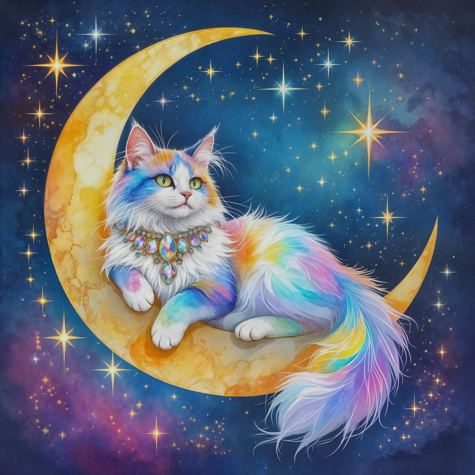Celestial Cat Lounging on Crescent Moon
