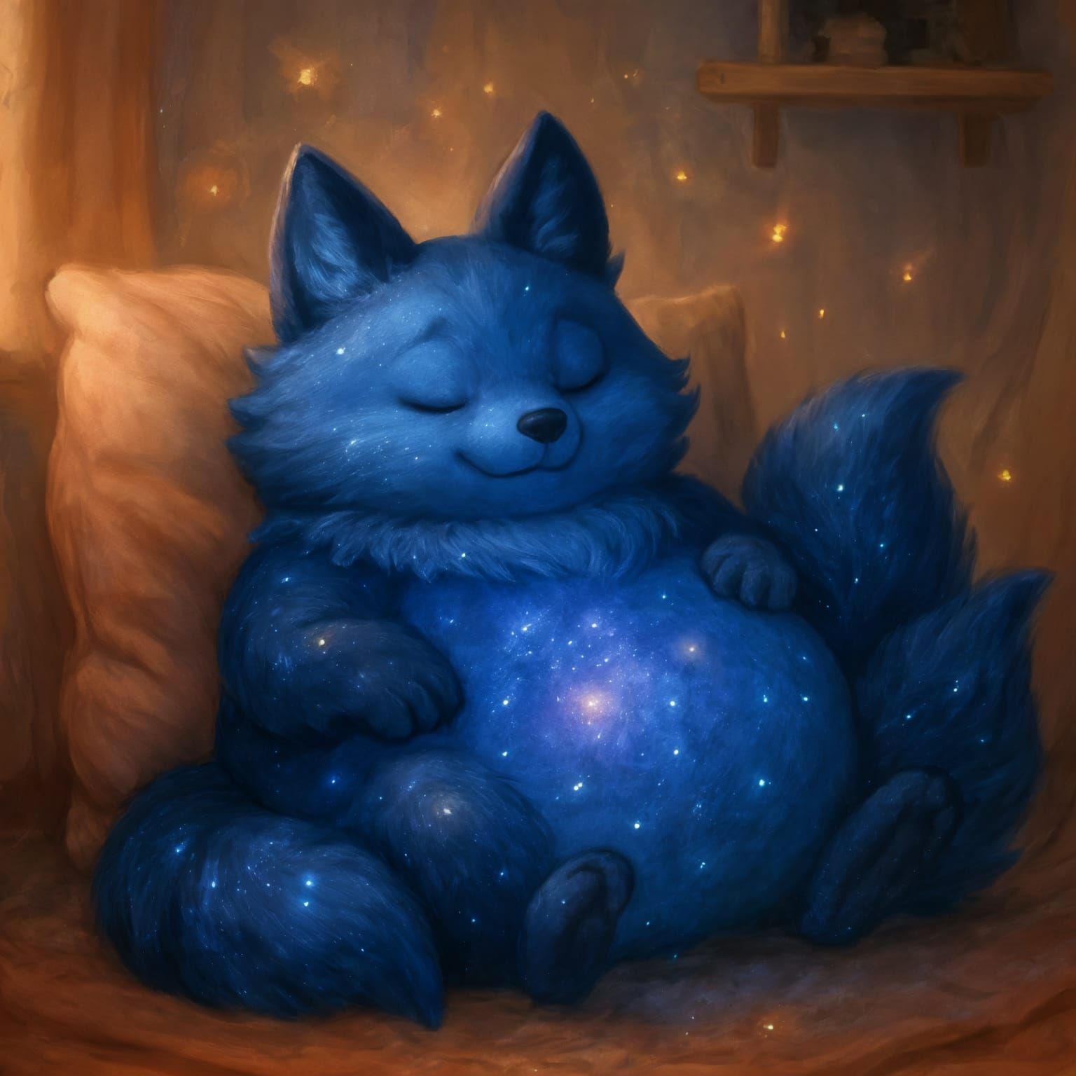 Cosmic Fox Asleep Under Starry Glow