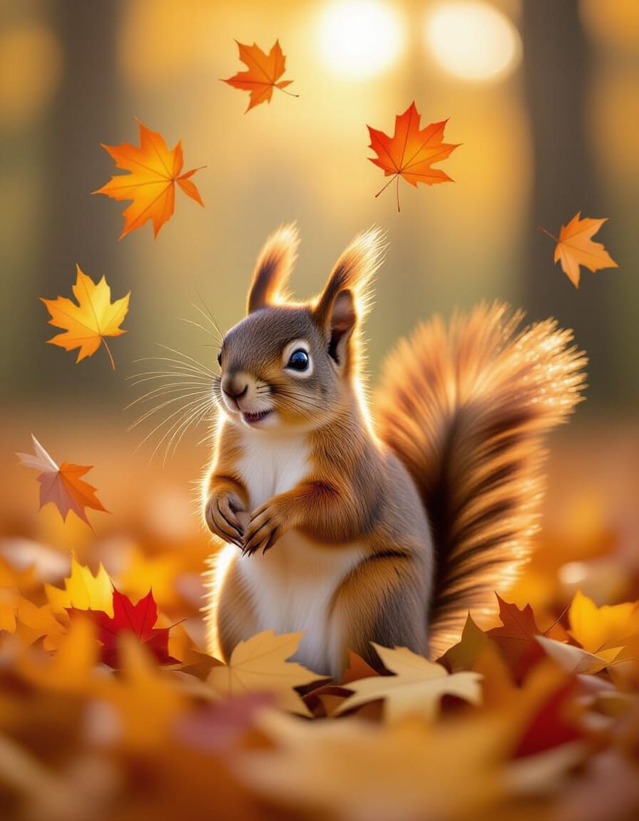 Fluffy Red Squirrel in Golden Autumn Leaves