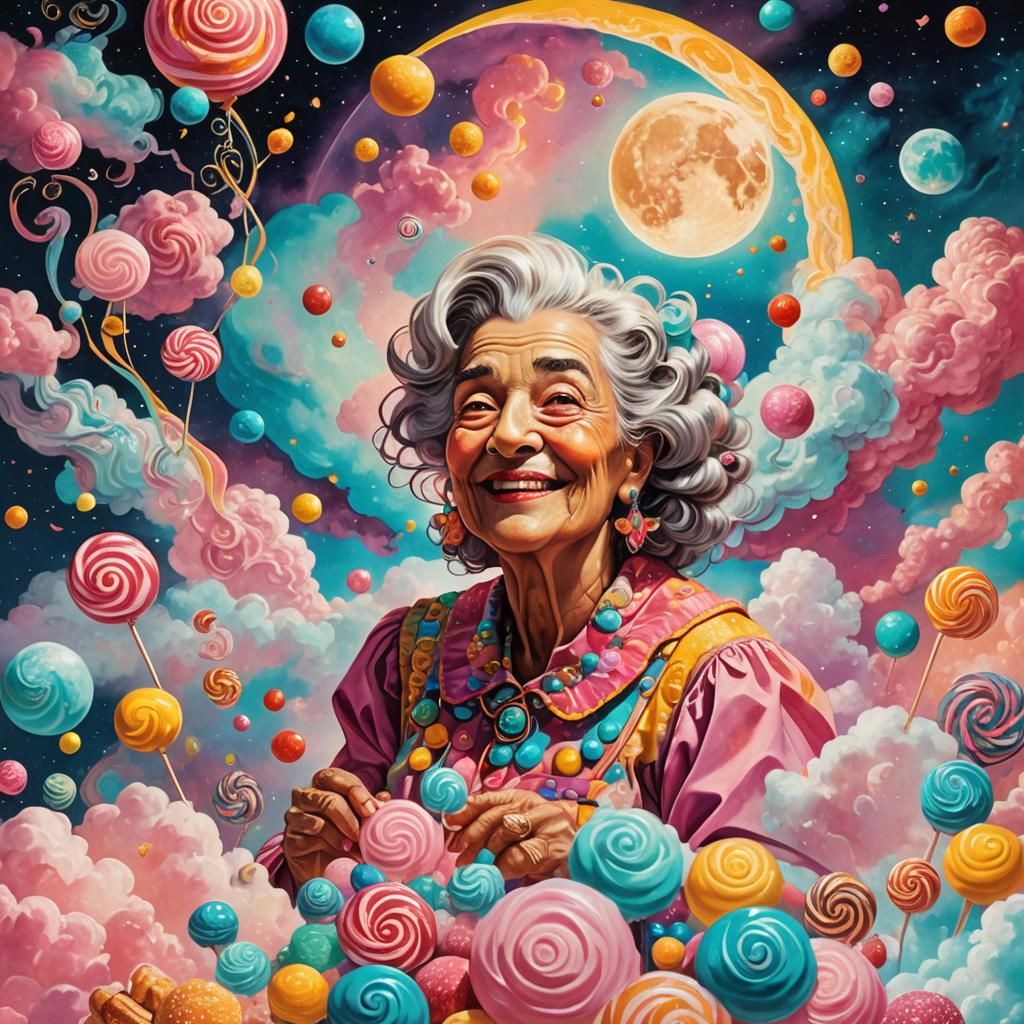 Cosmic Grandma in a Surreal Astral Landscape
