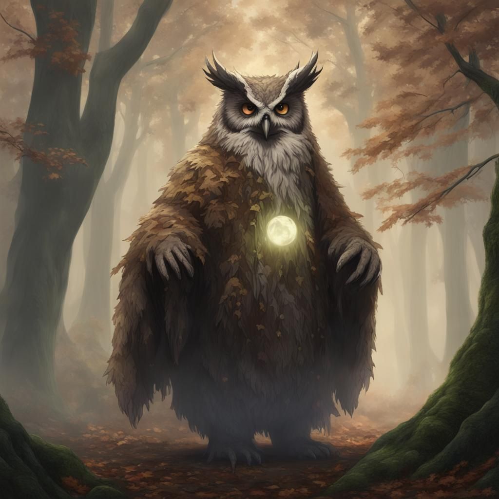 Mystical Owlbear Magician in Foggy Forest