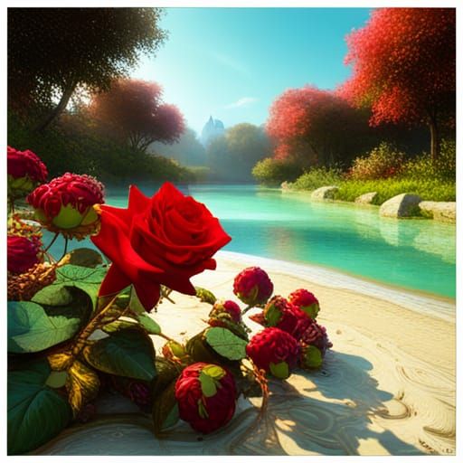 High Gothic Roses by River in Sunlight