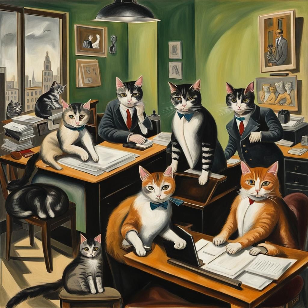 Cats in the Office: An Otto Dix-Style Painting