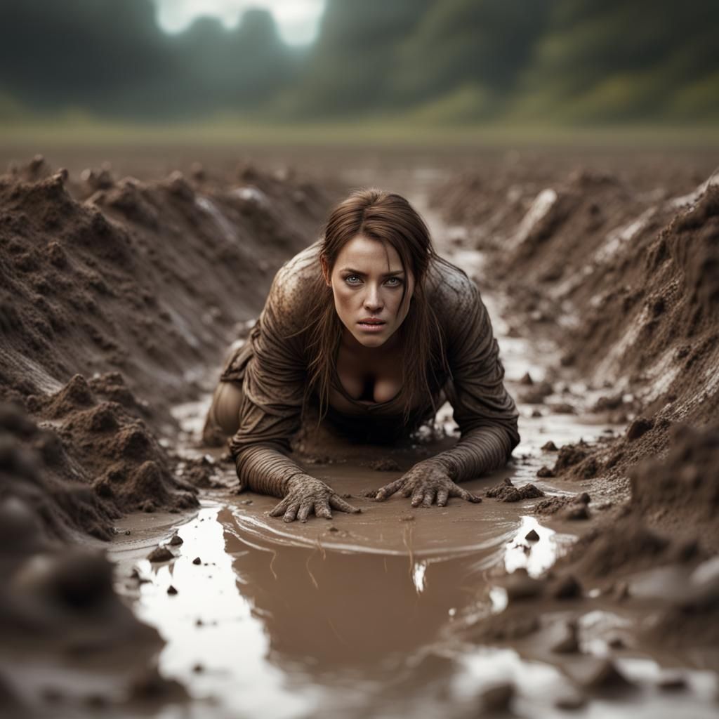 Woman Crawling Through Mud: Detailed Digital Matte Painting