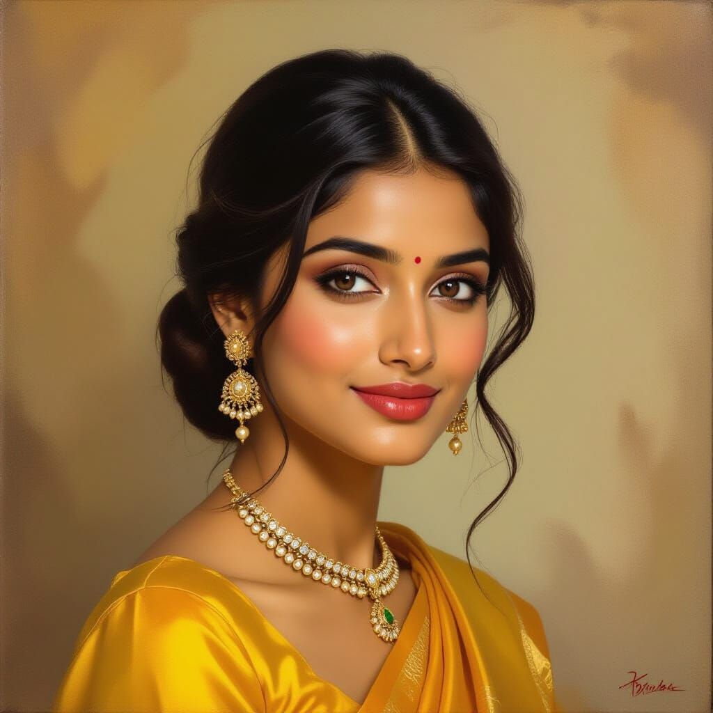 Elegant Indian Woman in Yellow Oil Painting Portrait