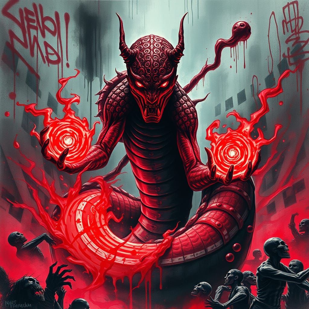 Cyberpunk Serpentine Figure Unleashes Blood Magic in Dystopi...