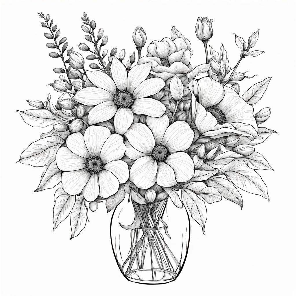 Intricate Line Art Flower Bouquet in Monochrome
