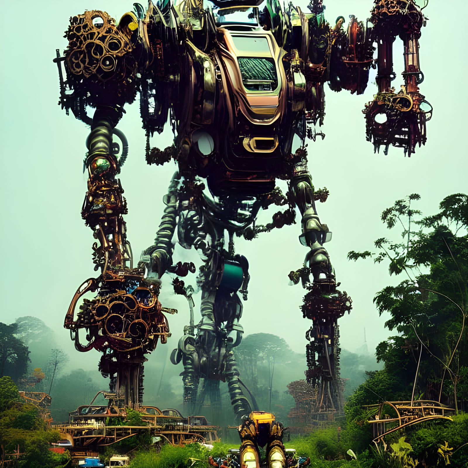 Biomechanical Junkyard Titan on Verdant Plain