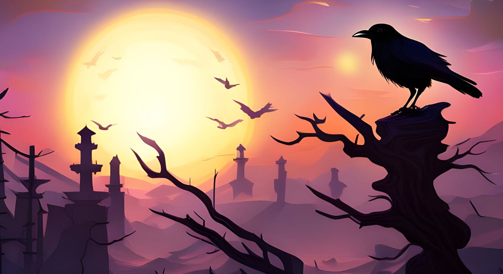 Raven Silhouette: An Art Nouveau Oil Painting