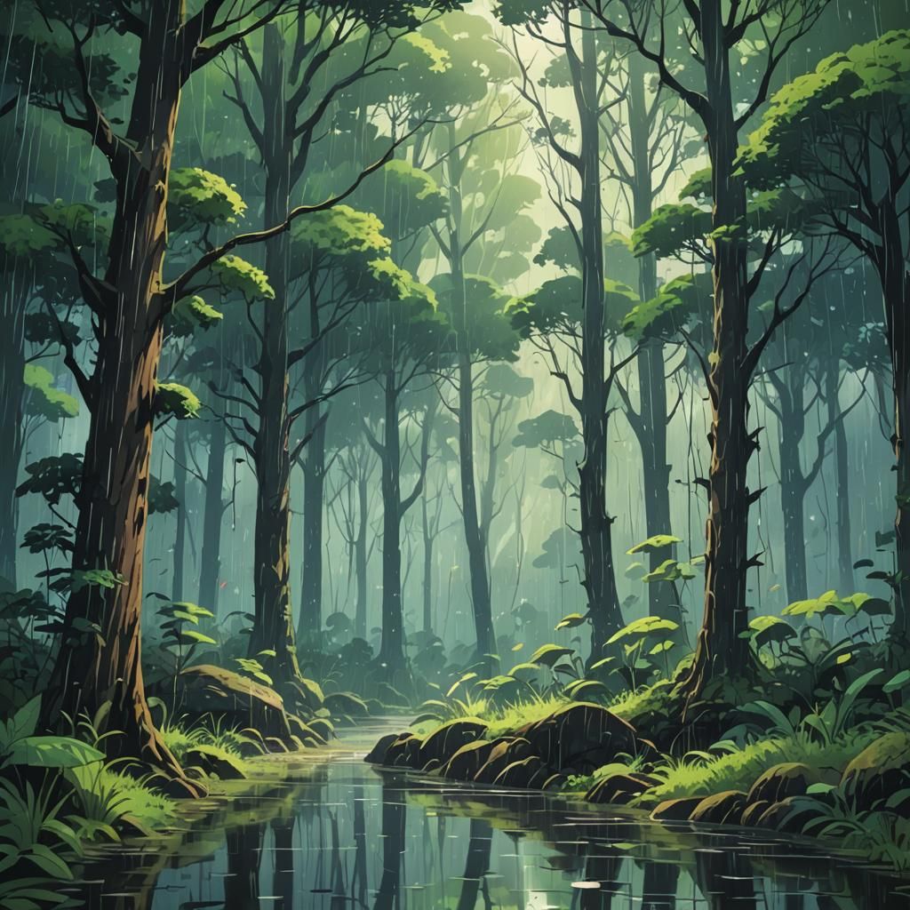 Lush Forest in Pouring Rain, Anime Style