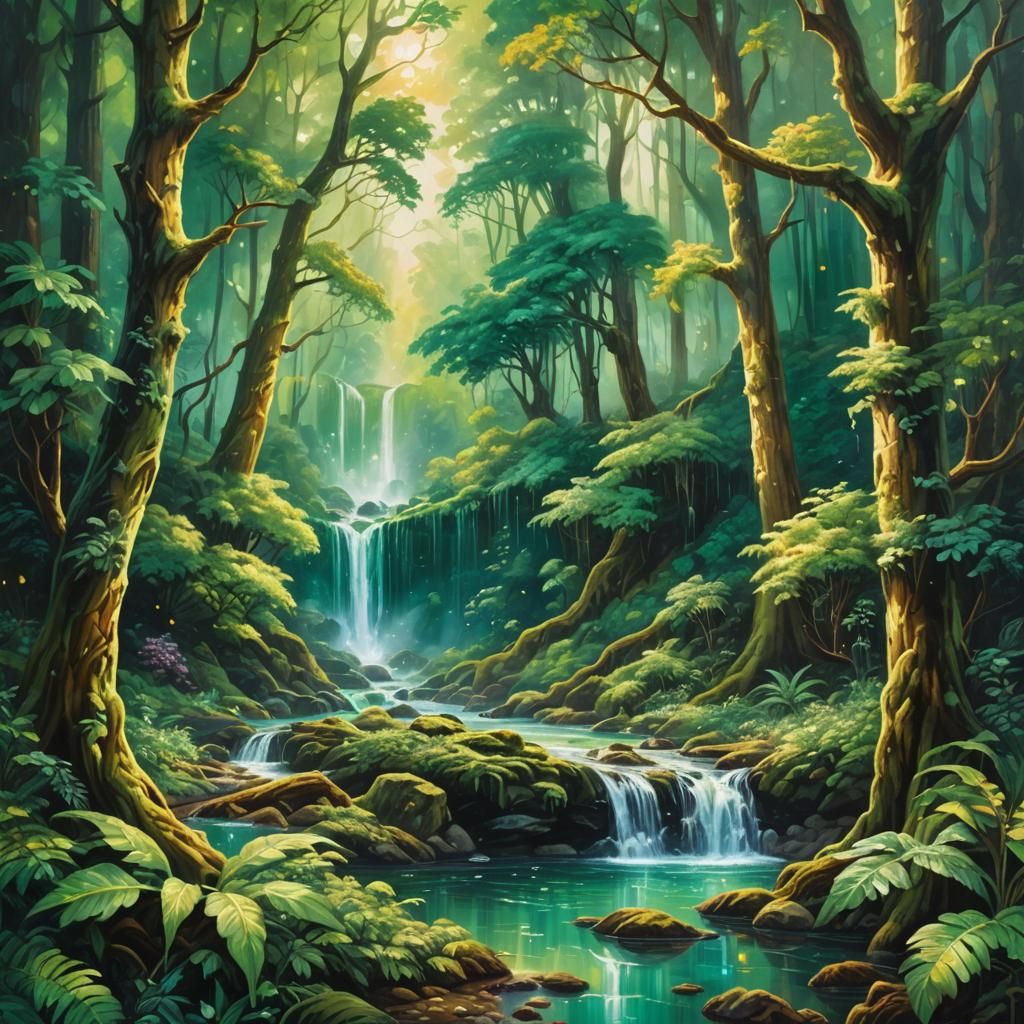Emerald World: A Lush Forest Oil Painting