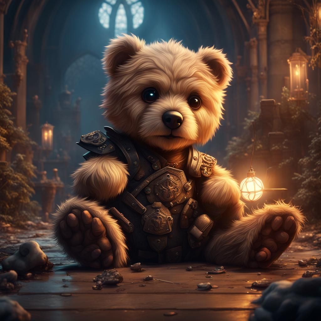 Protective Teddy Bear and Dog in Fantasy Art