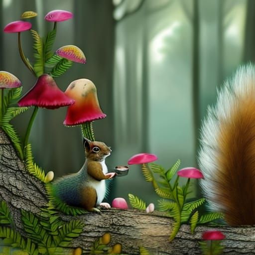 Squirrel in Misty Forest with Pink Flower, Solarpunk Art