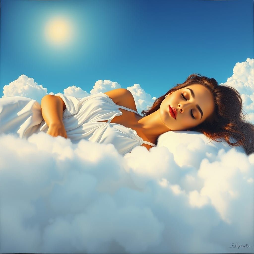 Woman Blurs into Clouds in Hyperealistic Surreal Oil Paintin...