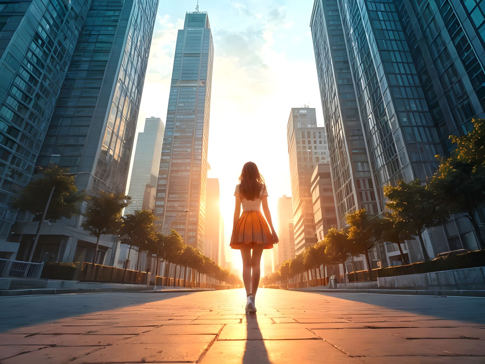 Teenage Girl in Futuristic Cityscape