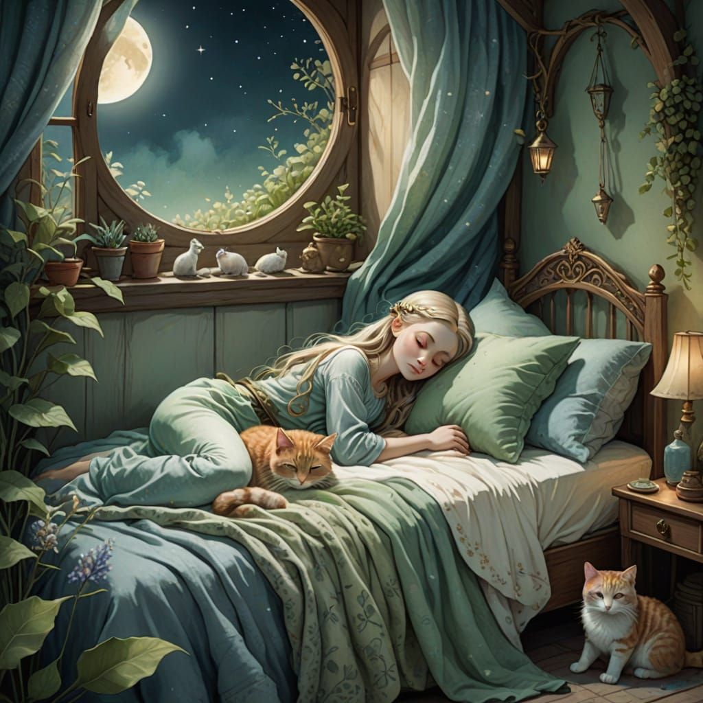 Little girl sleeping in her bed with her cat curled up next to her