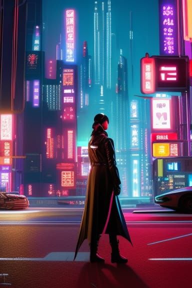 Cyberpunk Woman in Neon Cityscape