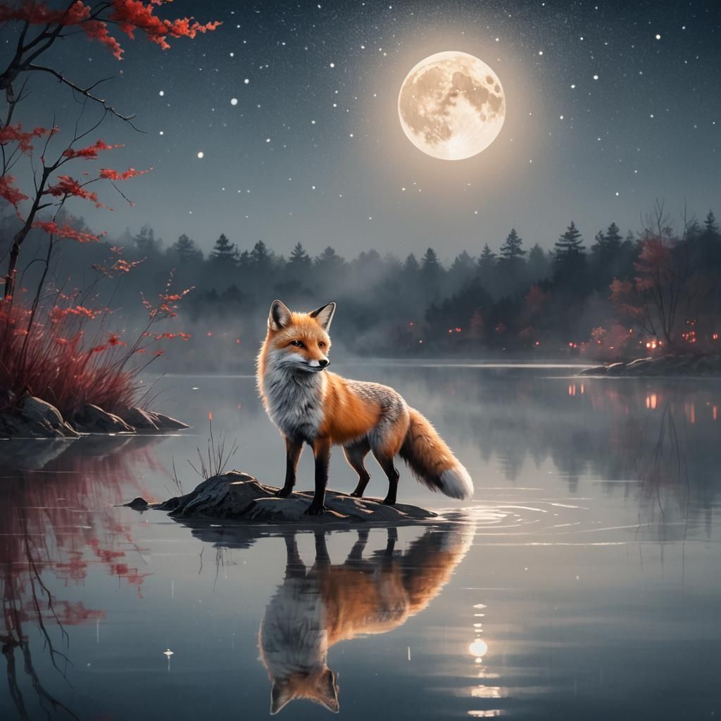 Fox at Moonlit Lake: Magical Realism Nocturne
