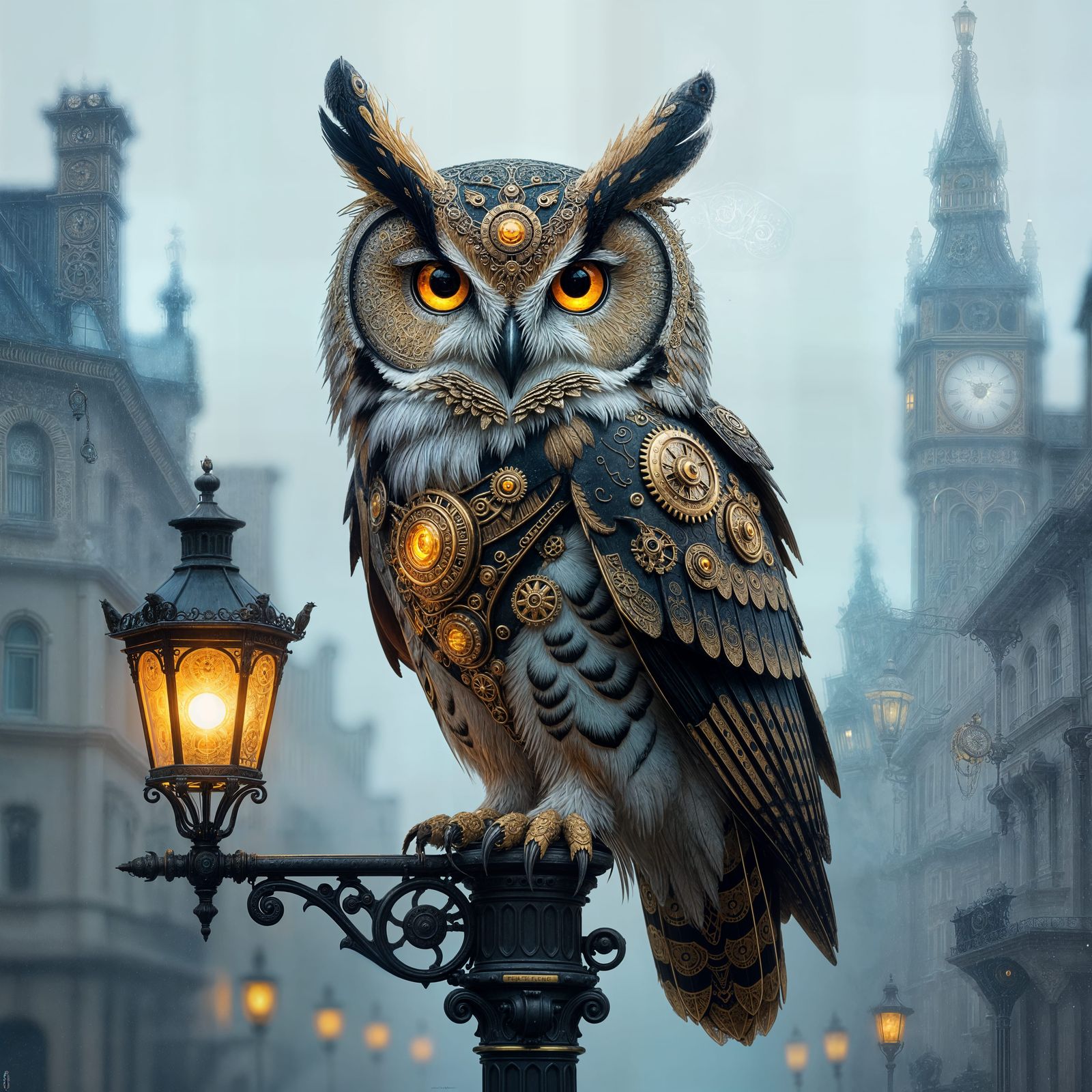 Steampunk Owl on Gaslit Lamppost in Foggy City